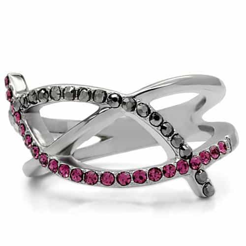 Stainless Steel Pink Black Crystal Double X Crossover Ring view 8