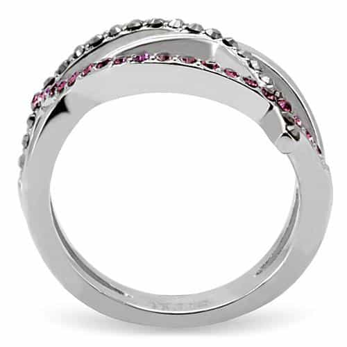 Stainless Steel Pink Black Crystal Double X Crossover Ring view 4