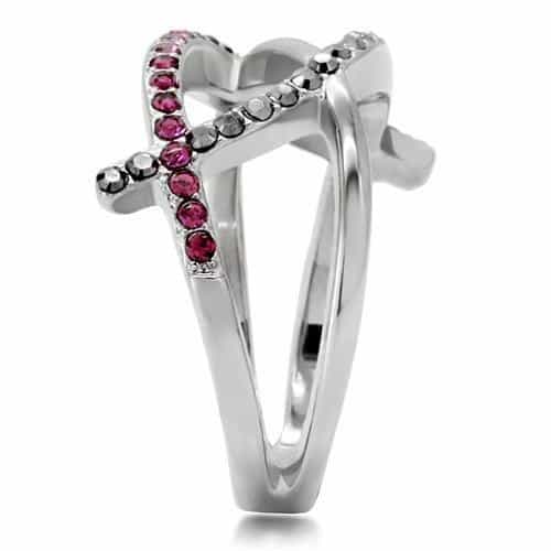 Stainless Steel Pink Black Crystal Double X Crossover Ring view 10