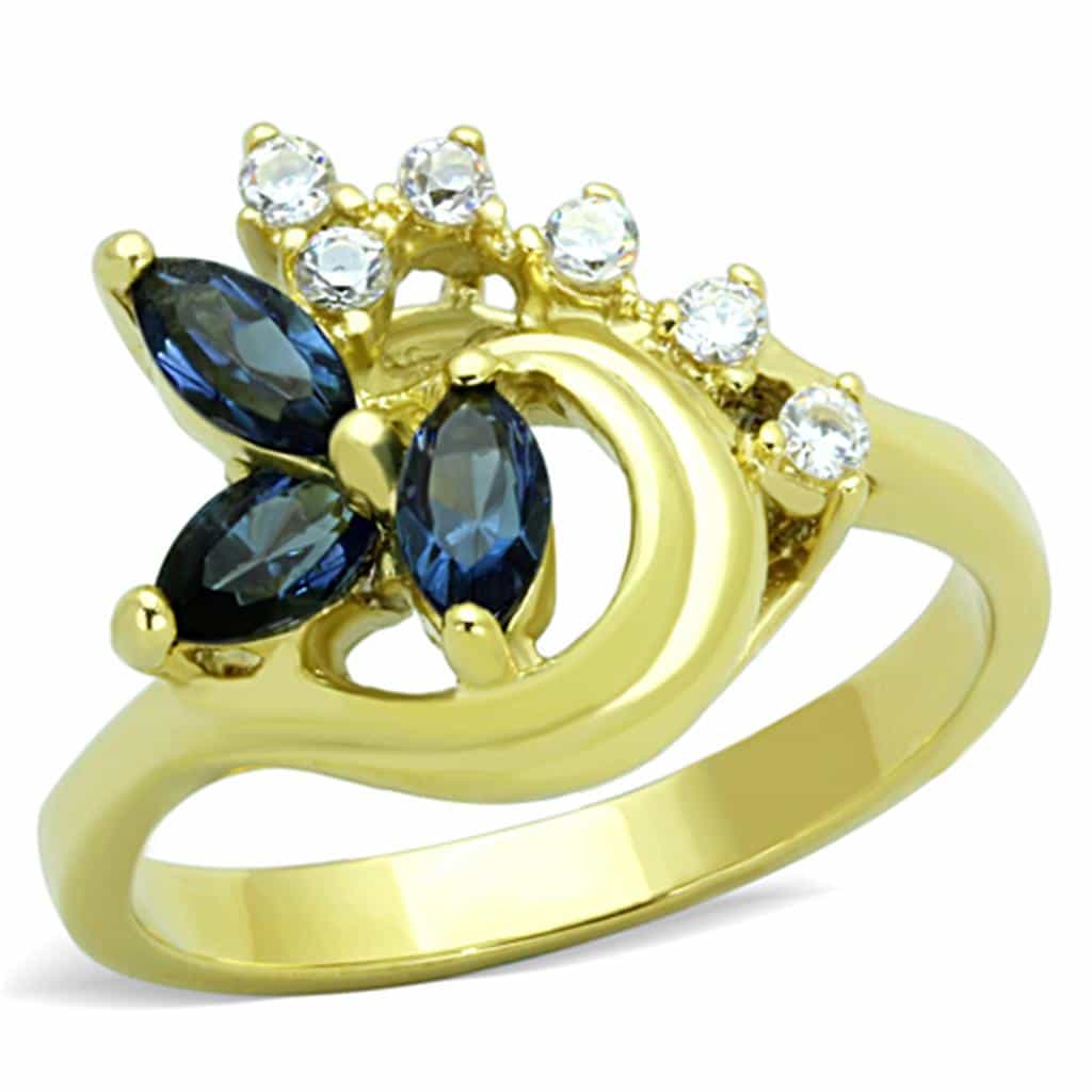 Stainless Steel Gold Blue Sapphire Marquise Swirl Cluster Ring view 1