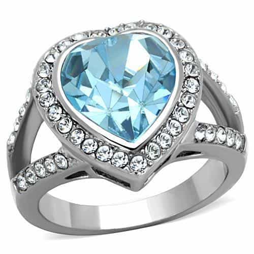 Stainless Steel Blue Topaz Heart Crystal CZ Halo Ring view 1