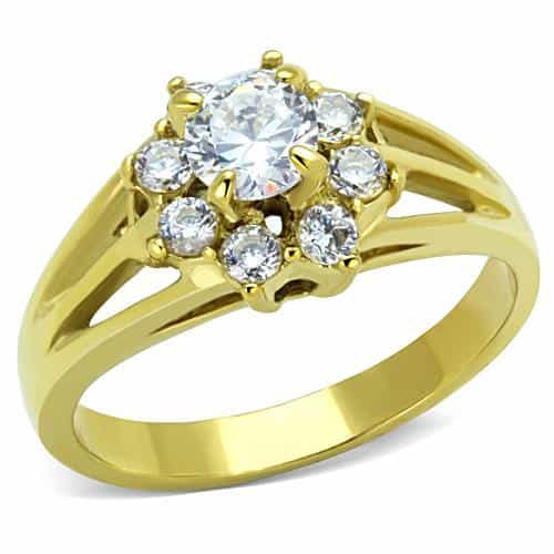 Stainless Steel Gold CZ Round Flower Cluster Split Ring view 1