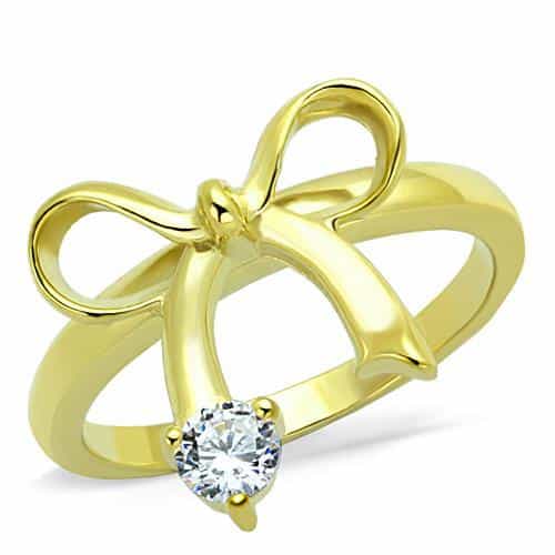 Stainless Steel Gold CZ Bow Ribbon Solitaire Ring view 1