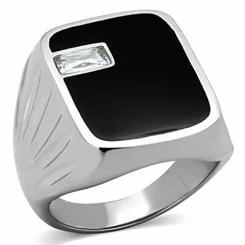 Stainless Steel Black Onyx Square CZ Baguette Mens Signet Ring view 1