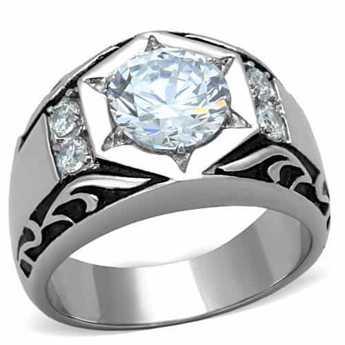 Stainless Steel CZ Star Bezel Scrollwork Mens Signet Ring view 5