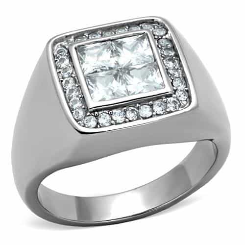 Stainless Steel CZ Princess Pave Halo Mens Signet Ring view 1