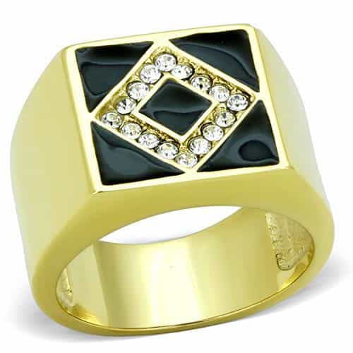 Stainless Steel Gold Masonic Diamond Black Enamel CZ Signet Ring view 1