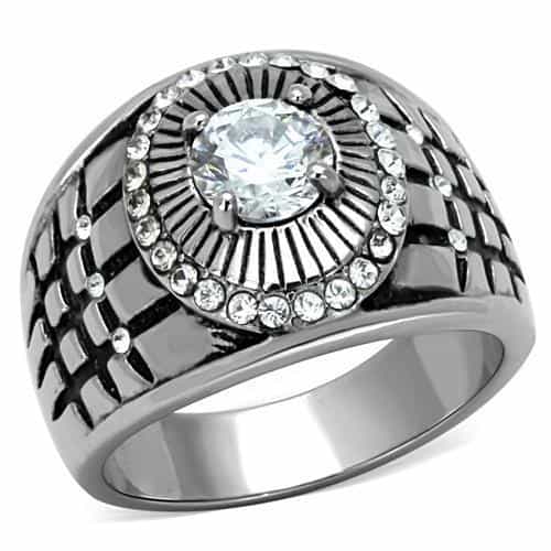 Stainless Steel CZ Round Sunburst Checkered Wide Mens Ring view 1