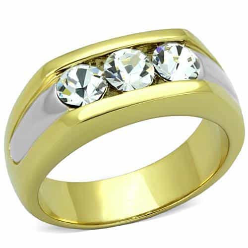 Stainless Steel Gold Triple CZ Round Channel Mens Wide Ring view 1