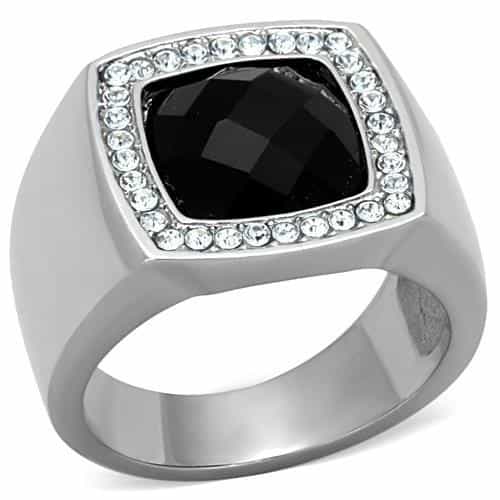 Stainless Steel Black Onyx Cushion CZ Halo Mens Signet Ring view 1