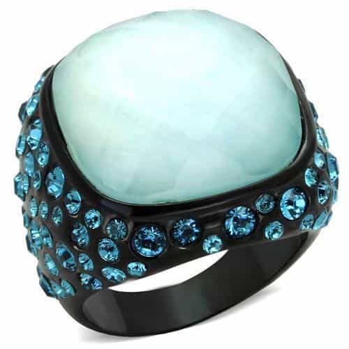 Stainless Steel Black IP Mint Cabochon Aqua Crystal Dome Ring view 1