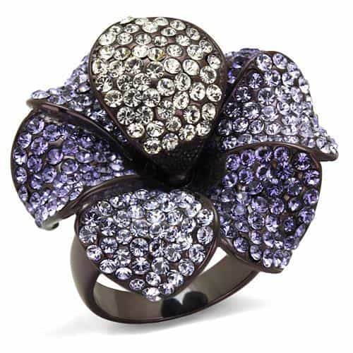 Stainless Steel Dark Purple Lavender Crystal Pave Flower Ring view 1