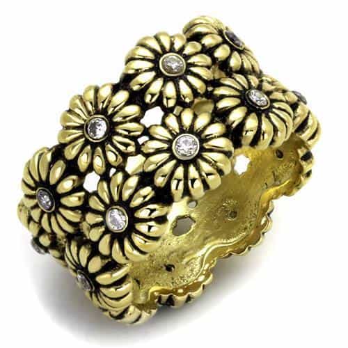 Stainless Steel Gold Antiqued Daisy Cluster Eternity Band Ring view 1