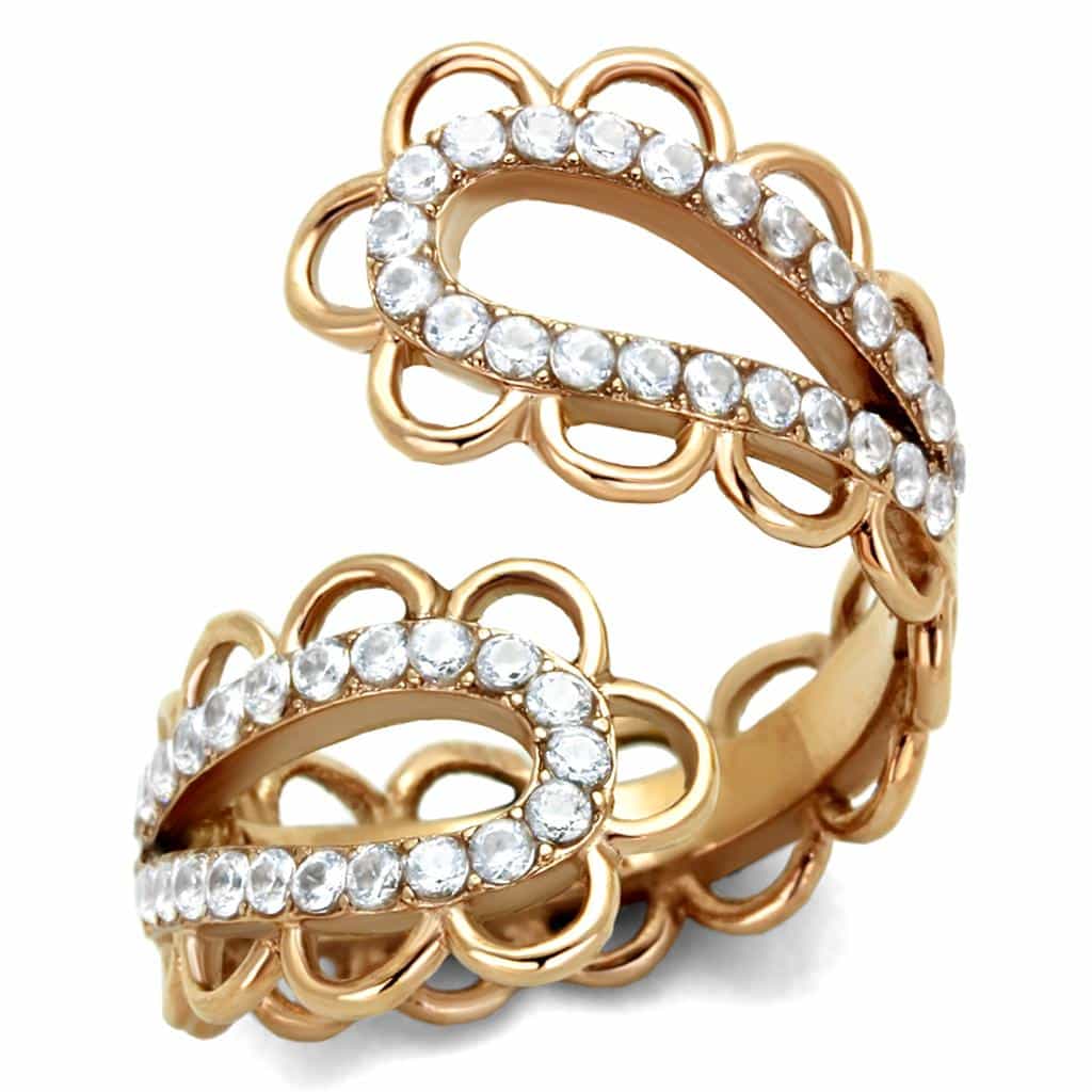 Stainless Steel Rose Gold CZ Pave Flower Scallop Wide Band Ring view 1