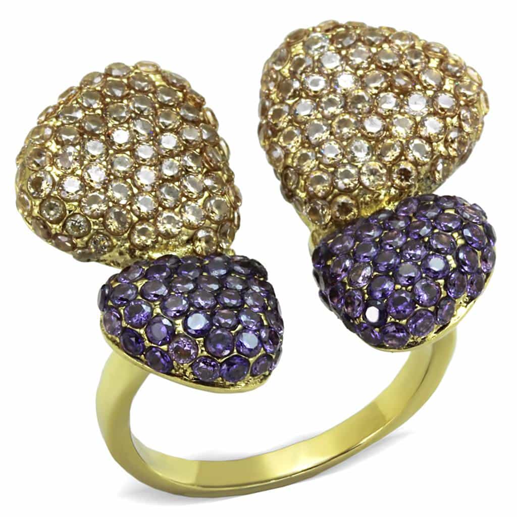 Stainless Steel Gold Triple Pave Ball Bypass Cocktail Ring view 5