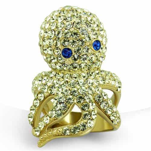 Stainless Steel Gold Green Crystal Pave Octopus Ring view 1