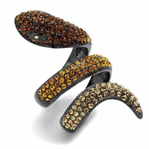 Stainless Steel Black IP Brown Crystal Pave Snake Bypass Ring view 1
