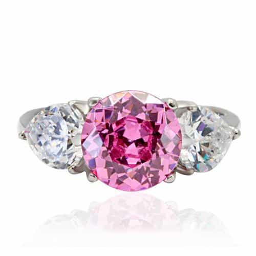 Stainless Steel Pink Oval CZ Heart Three Stone Ring view 8
