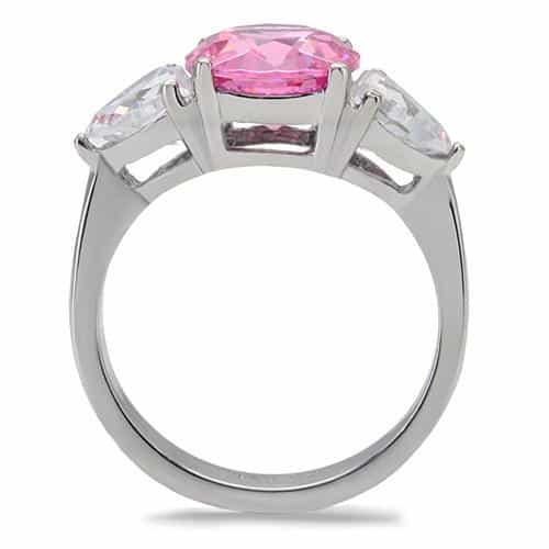 Stainless Steel Pink Oval CZ Heart Three Stone Ring view 4