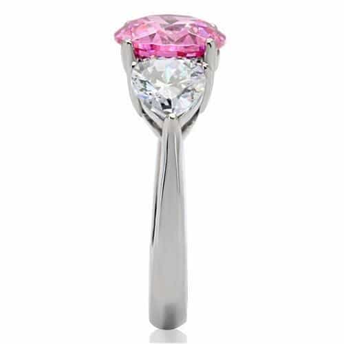Stainless Steel Pink Oval CZ Heart Three Stone Ring view 5