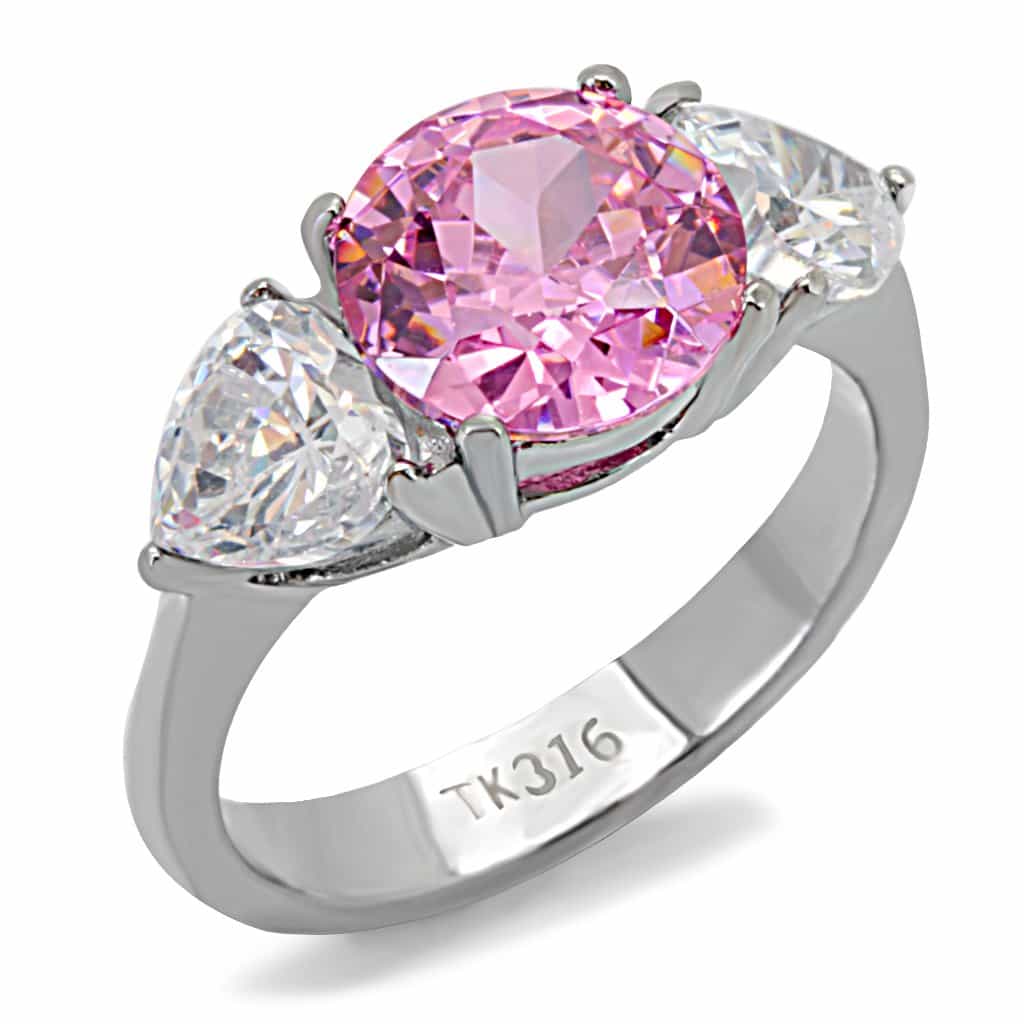 Stainless Steel Pink Oval CZ Heart Three Stone Ring view 1
