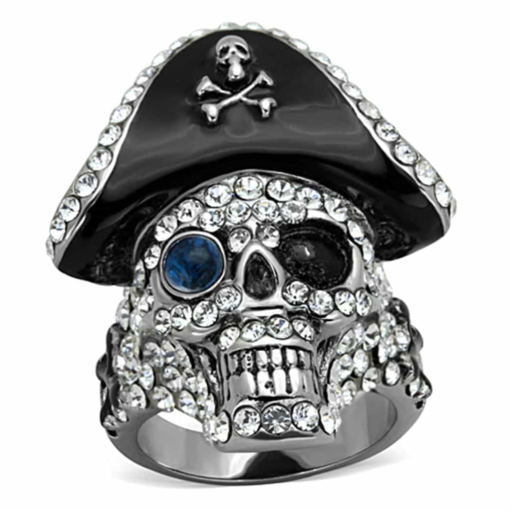 Stainless Steel CZ Pave Pirate Skull Hat Crossbones Ring view 1