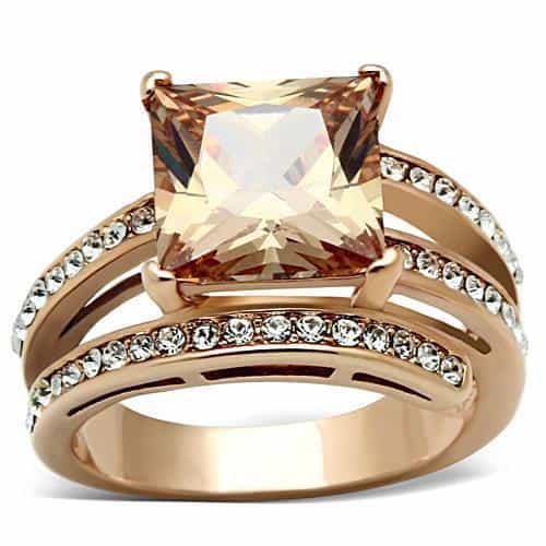 Stainless Steel Rose Gold Champagne Princess CZ Pave Bridal Ring view 1
