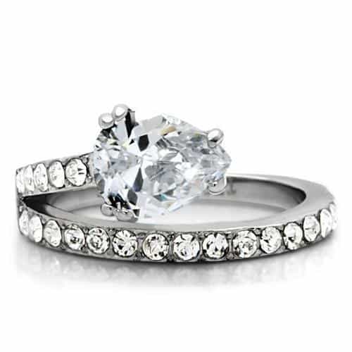 Stainless Steel CZ Oval Solitaire Pave Band Ring view 8