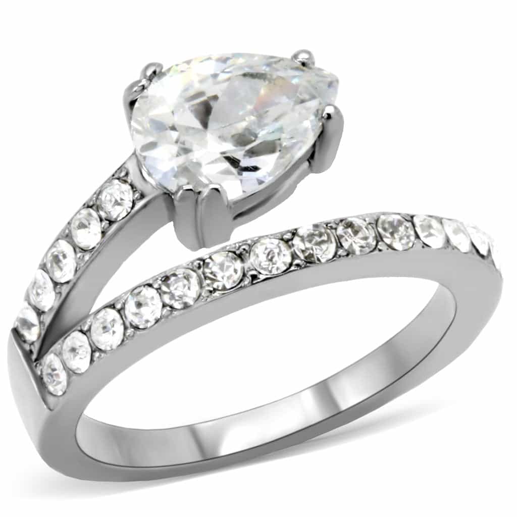 Stainless Steel CZ Oval Solitaire Pave Band Ring view 6