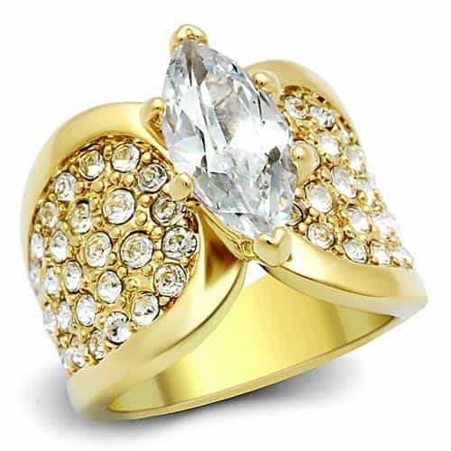 Stainless Steel Gold CZ Marquise Pave Leaf Cocktail Ring view 5