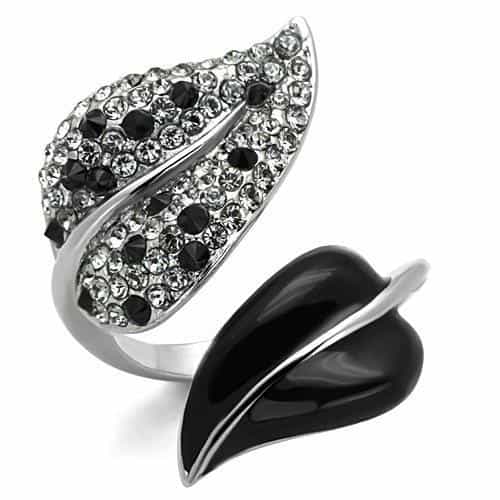 Stainless Steel Black White Enamel CZ Leaf Brooch view 5