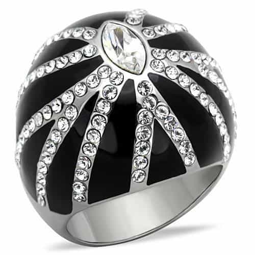 Stainless Steel Black Enamel CZ Starburst Dome Ring view 1