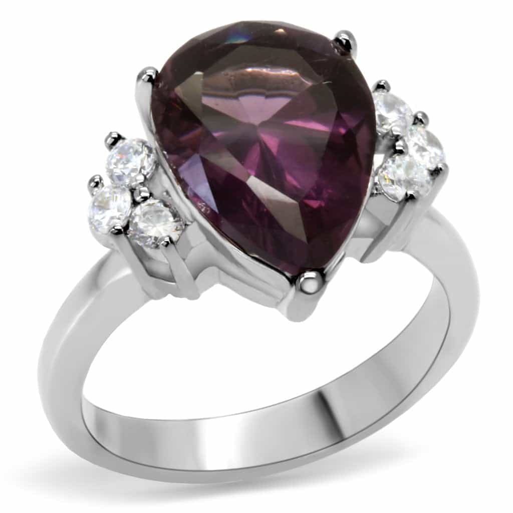 Stainless Steel Amethyst Pear CZ Side Stones Ring view 6