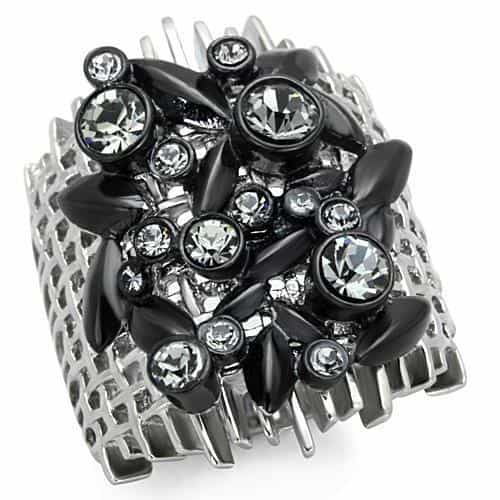 Stainless Steel Dark Black Crystal Marquise Cluster Cocktail Ring view 1
