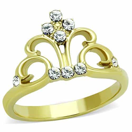 Stainless Steel Gold CZ Fleur De Lis Crown Tiara Ring view 1