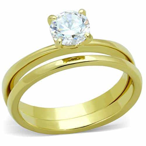 Stainless Steel Gold CZ Round Solitaire Plain Bridal Set Ring view 5