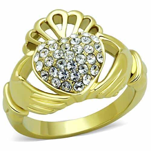 Stainless Steel Gold CZ Pave Claddagh Crown Ring view 1