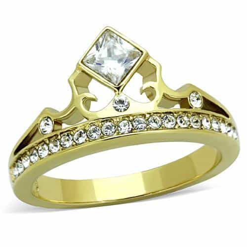 Stainless Steel Gold CZ Princess Crown Tiara Bridal Set Ring view 1