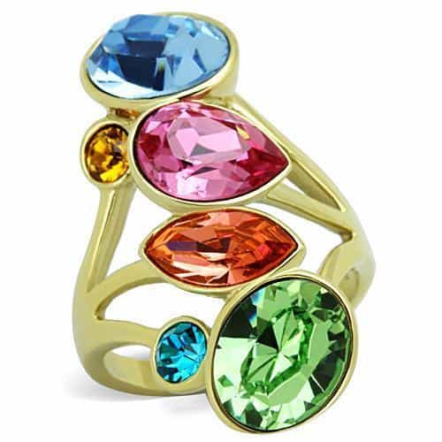 Stainless Steel Gold Multi Color Crystal Cascade Cocktail Ring view 5