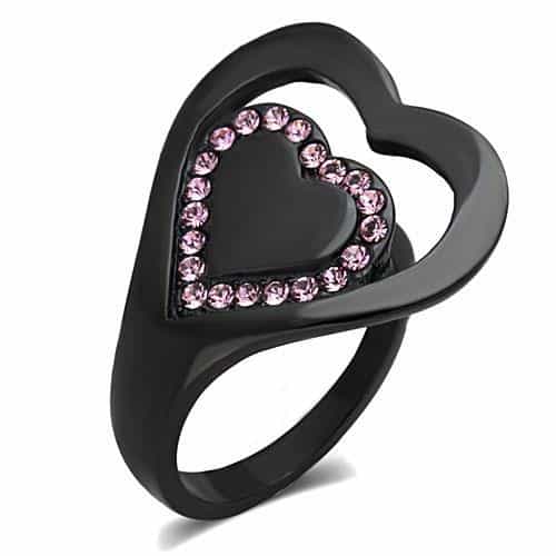 Stainless Steel Black IP Pink Crystal Open Heart Ring view 5