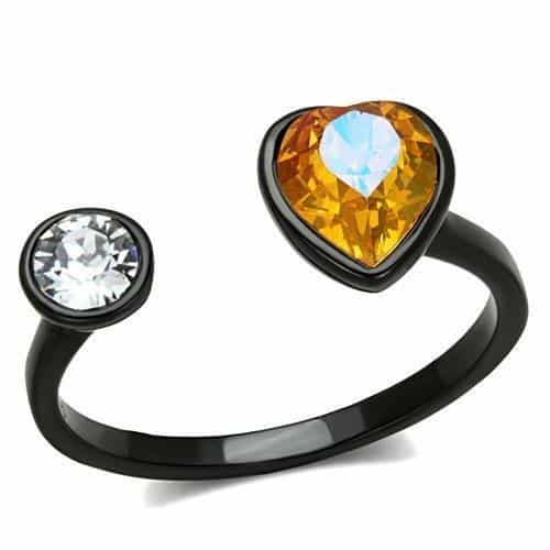 Stainless Steel Black IP Amber Pear CZ Bezel Open Ring view 1