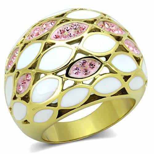Stainless Steel Gold White Enamel Leaf Pink Crystal Dome Ring view 5