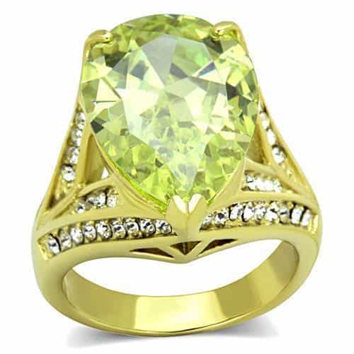 Stainless Steel Gold Green Oval Crystal CZ Ornate Cocktail Ring view 1