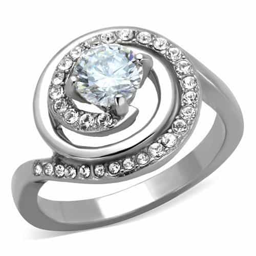 Stainless Steel CZ Round Pave Swirl Halo Bypass Ring view 1