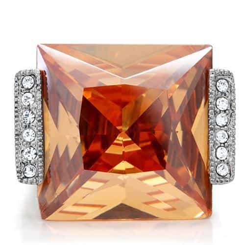 Stainless Steel Champagne Emerald Cut Crystal CZ Accent Ring view 8