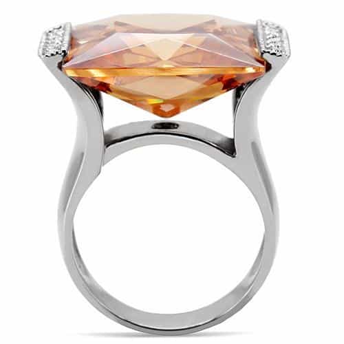 Stainless Steel Champagne Emerald Cut Crystal CZ Accent Ring view 9