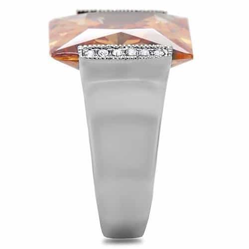 Stainless Steel Champagne Emerald Cut Crystal CZ Accent Ring view 10