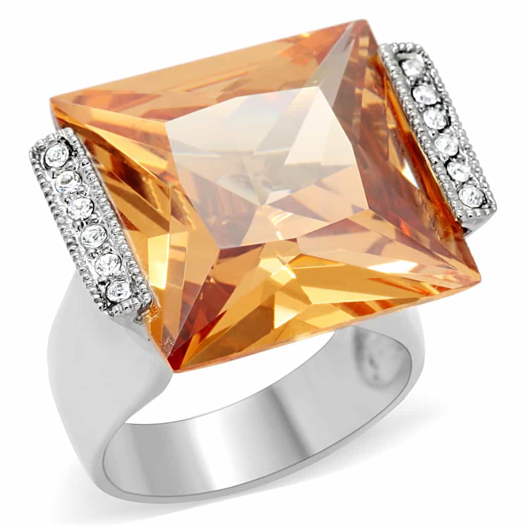 Stainless Steel Champagne Emerald Cut Crystal CZ Accent Ring view 1