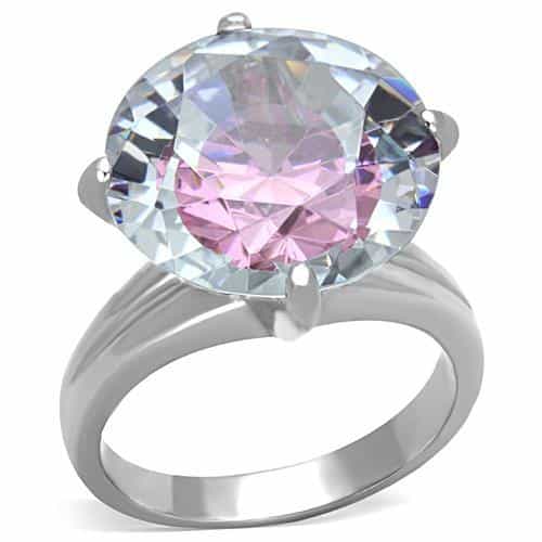Stainless Steel Light Pink Round Crystal Solitaire Ring view 2