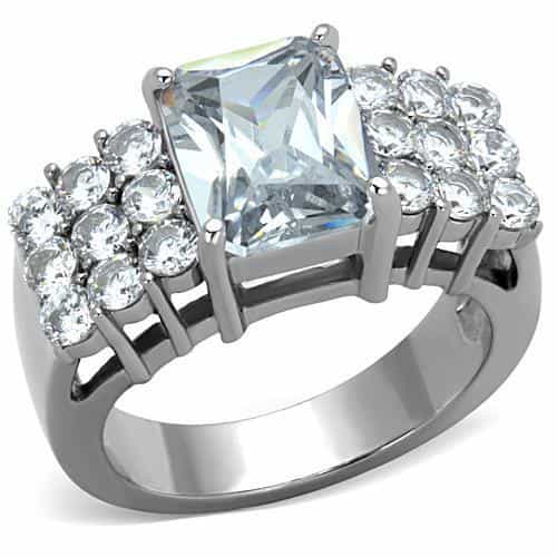 Stainless Steel CZ Emerald Cut Round Cluster Sides Ring view 1